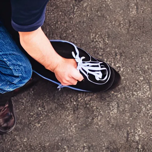 Image similar to A man crawling frantically out of a giant shoe