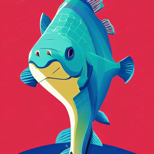 Image similar to profile of one stylized fish in center of view, photo studio, artstation, intricate, realistic, highly detailed, digital painting, concept art, sharp focus, illustration by tom whalen and charles williams and kilian eng and james jean