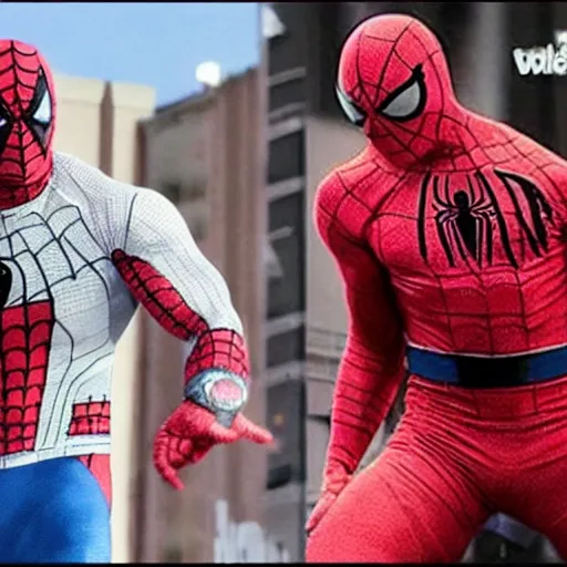 Image similar to dwayne johnson promo on ring wearing spiderman costumes