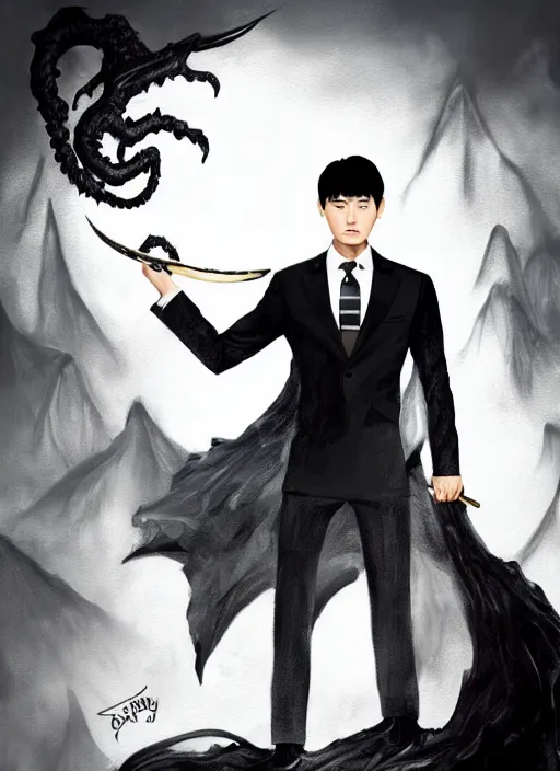 Prompt: a highly detailed illustration of fierce korean man with bowl cut black hair wearing suit and tie with giant black claws, wielding giant black fog claws pose, foggy lovecraftian black mist surrounding background, perfect face, intricate, elegant, highly detailed, centered, digital painting, artstation, concept art, smooth, sharp focus, league of legends concept art, wlop.