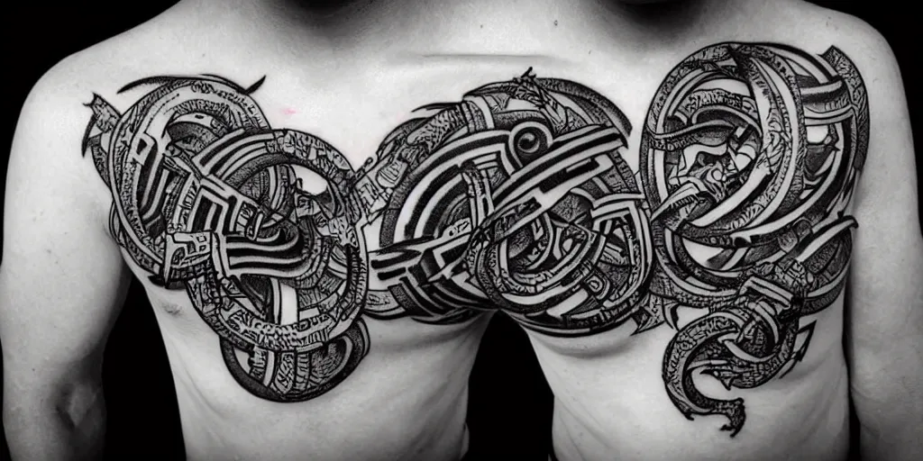 Image similar to black and white tattoo design with alien cryptic calligraphy symbols, by gakkin 8 k, highly detailed