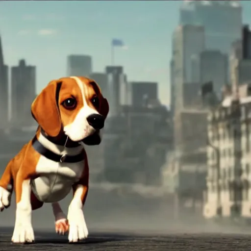 Image similar to gigantic 1 0 0 metres beagle attacking a city, epic cinematic, 4 k, very high detail, epic scale