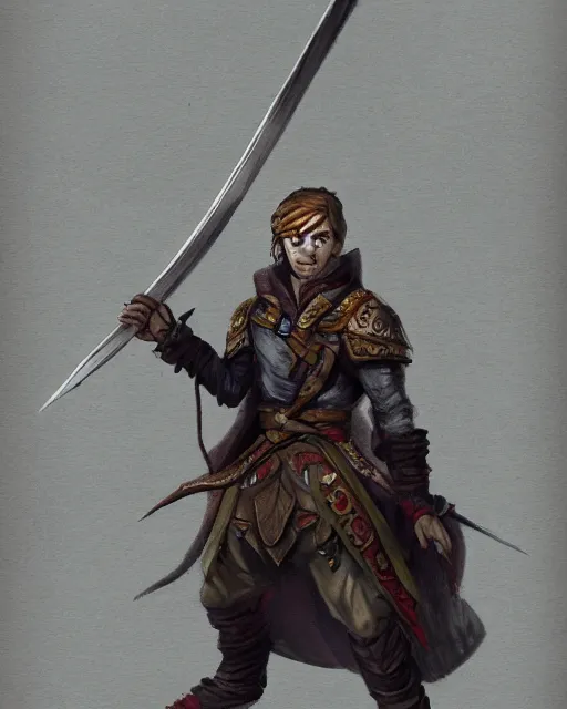 Image similar to a concept art of a D&D character, holding a small sword made by Donutello, white background