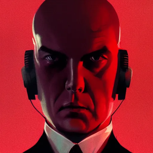 Image similar to a portrait of agent 4 7 from hitman wearing headphones, sitting in a room full of vinyl records, dark background, red rim light, highly detailed, digital art, artstation, concept art, smooth, sharp focus, greg rutkowski, wlop