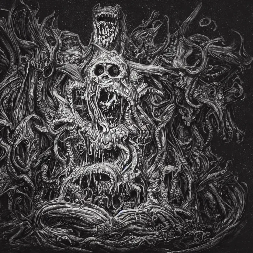 Image similar to lovecraftian elmo sitting on a throne of skulls, surrounded by beams of light dark background by wayne barlow, stanley donwood, anton semenov, zdzislaw bekinski, hr giger, 8 k, fantasy, dark, highly detailed