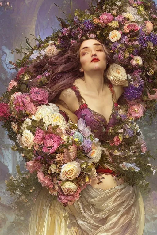 Image similar to a beautiful mysterious woman holding a large bouquet of flowing flowers, sleeping in an elaborate coffin, fantasy, regal, intricate, by stanley artgerm lau, greg rutkowski, thomas kindkade, alphonse mucha, loish, norman rockwell