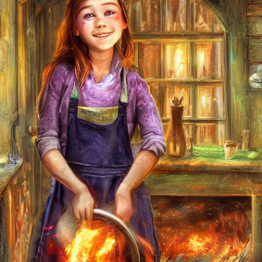 Image similar to the blacksmits’ daughter, working in the forge, a smile at her face, fantasy art in the style of Lilia Alvarado,