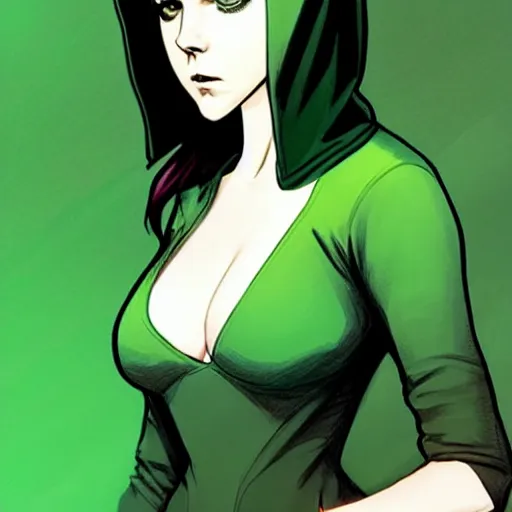 Prompt: Phil Noto comic art, artgerm, eiichiro oda, cinematics lighting, beautiful Anna Kendrick supervillain Enchantress, green dress with a black hood, angry, symmetrical face, Symmetrical eyes, full body, flying in the air over city, night time, red mood in background