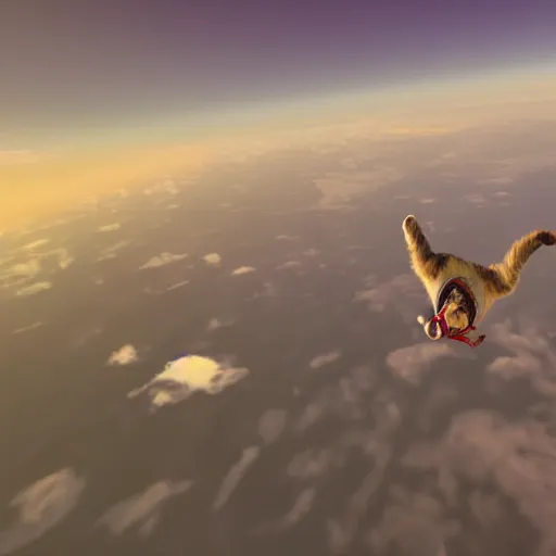 Prompt: 3 d photorealistic render of angry cats skydiving