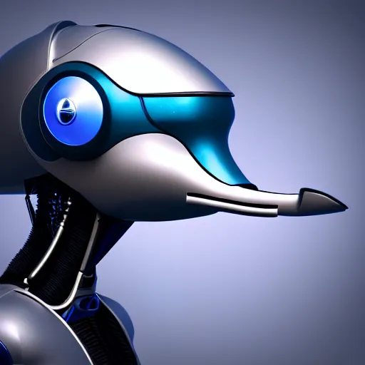 Image similar to very very beautiful furry art, bust profile picture of a robotic anthro bottlenose dolphin, face covered by opaque visor, truncated snout under visor, round shapes, all dark blue metal, commission on furaffinity, cgsociety, octane render