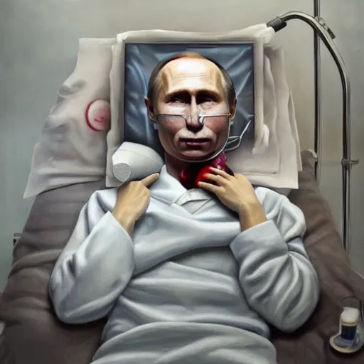 Image similar to hyperrealistic painting of very ill Vladimir Putin wearing an oxygen mask on a death bed inhaling white clubs of smoke from Copium tank, dimly lit hospital room, d&d, stunning 3d render inspired art by Tim Okamura and Lise Deharme + perfect facial symmetry + dim volumetric lighting, 8k octane beautifully detailed render, post-processing, extremely hyperdetailed, intricate, epic composition, grim yet sparkling atmosphere, cinematic lighting + masterpiece, trending on artstation, very very detailed, masterpiece, stunning