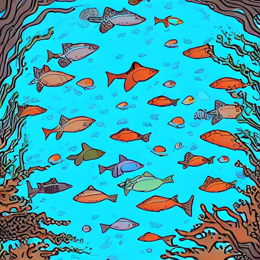 Prompt: A school of fish swimming in a coral reef, digital art, trending on artstation, by studio Ghibli