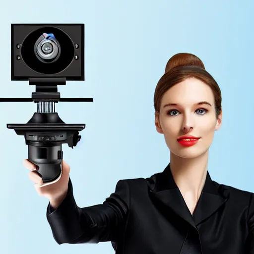 Image similar to the goddess of security cameras. anthropomorphic woman security camera hybrid. futuristic religious