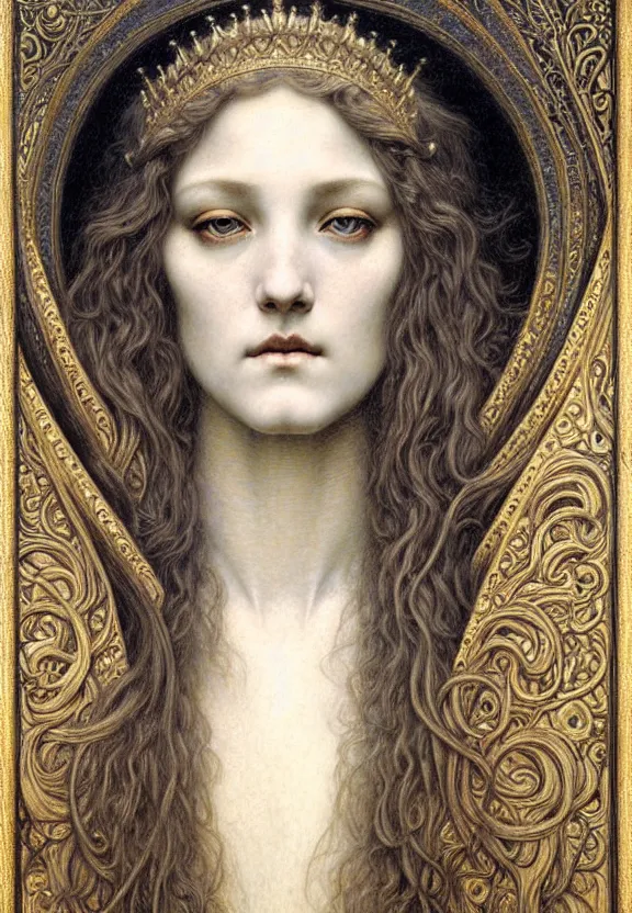 Image similar to detailed realistic beautiful young medieval queen face portrait by jean delville, gustave dore and marco mazzoni, art nouveau, symbolist, visionary, gothic, pre - raphaelite. horizontal symmetry