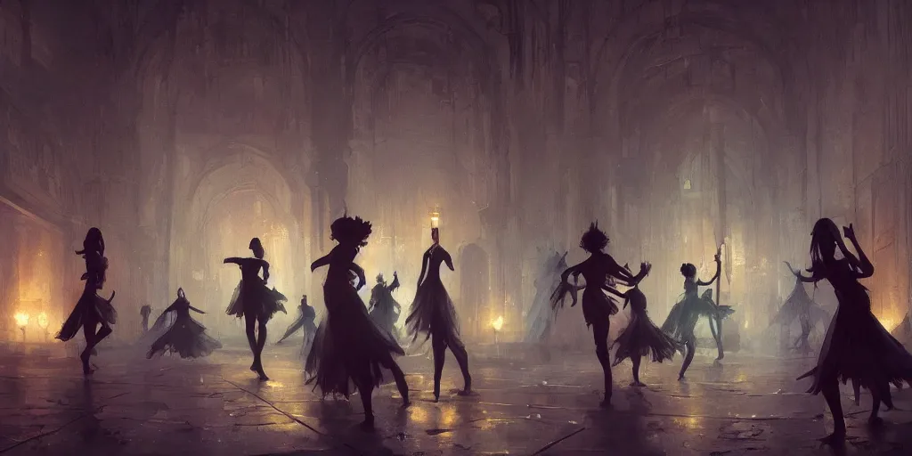 Prompt: beautiful render of a ballroom, concept art, some dancers, at night, medieval!!, very bright, artstation, detailled, manga!, fantasy! by greg rutkowski