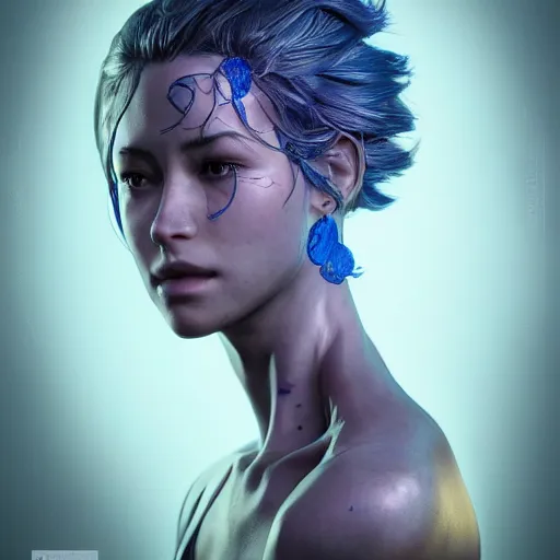 Image similar to the portrait of a blueberry that resembles an absurdly beautiful, graceful, elegant, sophisticated fitness model, an ultrafine hyperdetailed illustration by kim jung gi, irakli nadar, intricate linework, bright colors, octopath traveler, final fantasy, unreal engine 5 highly rendered, global illumination, radiant light, detailed and intricate environment