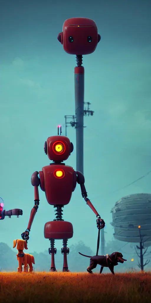 Image similar to tall cute robot with his best dog friend, by Simon Stalenhag, unreal engine, octane render, 8k, rule of thirds