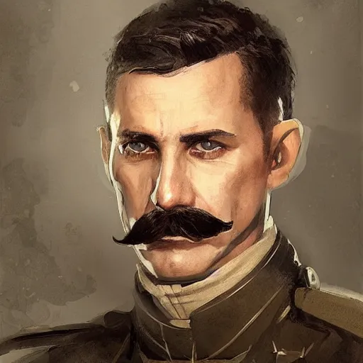 Image similar to portrait of a man by greg rutkowski, british features, short black hair in military style, moustache, perfect military composure, wearing imperial captain uniform, star wars expanded universe, he is about 4 0 years old, highly detailed portrait, digital painting, artstation, concept art, smooth, sharp foccus ilustration, artstation hq