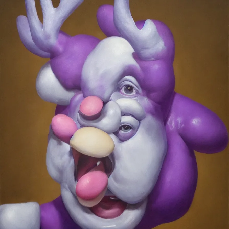 Image similar to rare hyper realistic portrait painting by italian masters, studio lighting, brightly lit purple room, a blue rubber duck with antlers laughing at a giant laughing white bear with a clown mask