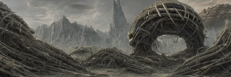 Image similar to Dystopian alien landscape, mysterious technology partially reclaimed by nature, strange formations, metal and stone trending on artstation by Efgeni Bischoff