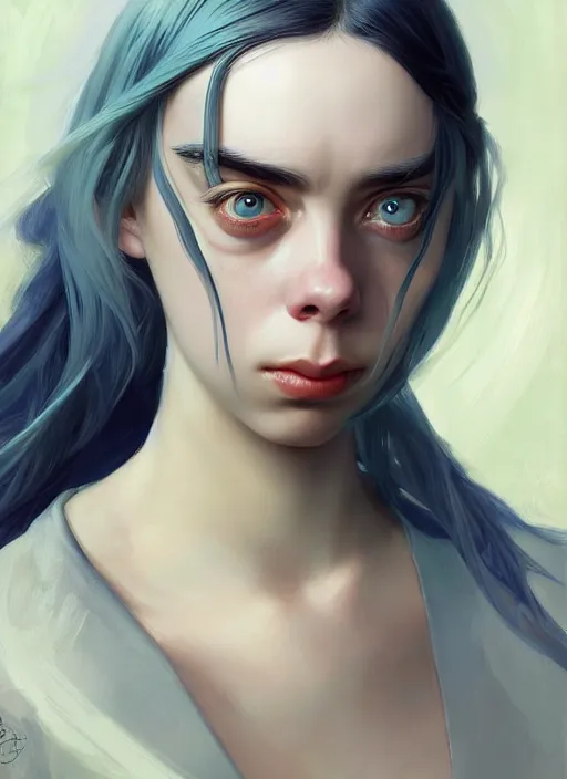 Prompt: Overlord Billie Eilish, slight smile, highly detailed, digital painting, artstation, concept art, sharp focus, illustration, art by wlop and J. C. Leyendecker and Edmund Bliar Leighton and Charlie Bowater