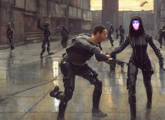 Prompt: Maria evades sgt Nash. Cyberpunk hacker in jumpsuit escaping menacing police troopers (blade runner 2049). beautiful face. Epic painting by john william waterhouse and Edwin Longsden Long and Theodore Ralli and Nasreddine Dinet, oil on canvas. Cinematic, hyper realism, realistic proportions, dramatic lighting, high detail 4k