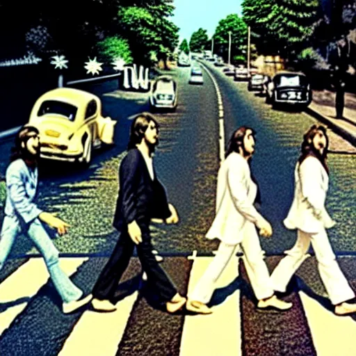 Prompt: The Beatles running across Abbey Road, 1969