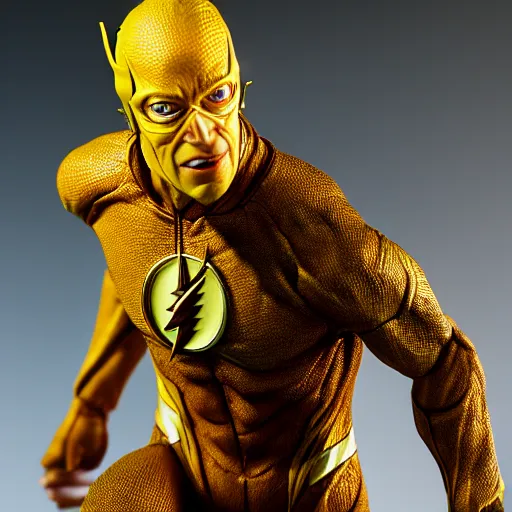 Image similar to ultra realistic figurine of the reverse flash, studio lighting, volumetric lighting, sharp camera focus, soft lighting, rule of thirds