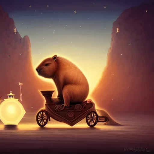 Prompt: beautiful digital fantasy illustration of a Birth Machine, Capybara pirate, keeping vigil over the salt flats, lights in the night, highly detailed, soft lighting, rendered in octane, masterpiece, very very very aesthetic, exquisite marble details!!!