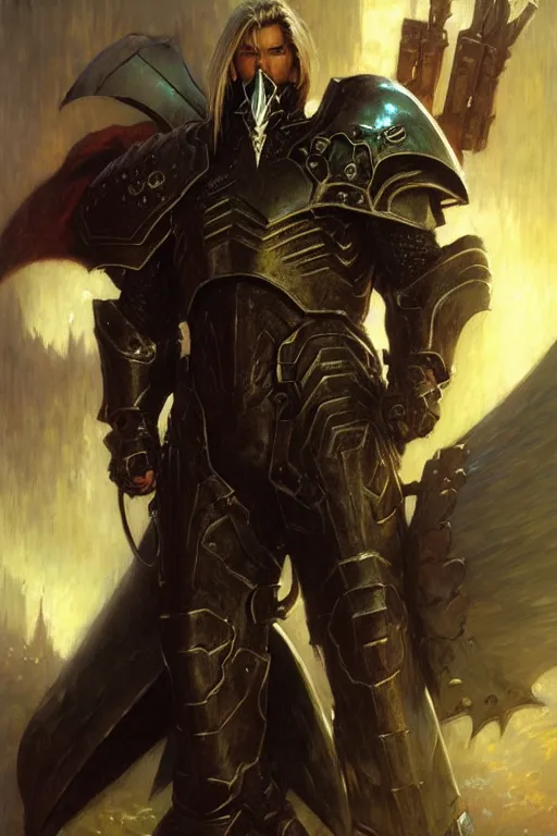 Image similar to sephiroth doom marine armor, portrait dnd, painting by gaston bussiere, craig mullins, greg rutkowski, yoji shinkawa