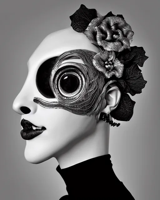 Image similar to black and white dreamy foggy smoky profile face portrait, one silver steampunk realistic eye biomechanical beautiful young female cyclope - cyborg - robot bust, body ribs meshes,, volumetric light, hibiscus flowers, by hg giger man ray, rim light, big gothic fashion pearl embroidered collar, 8 k
