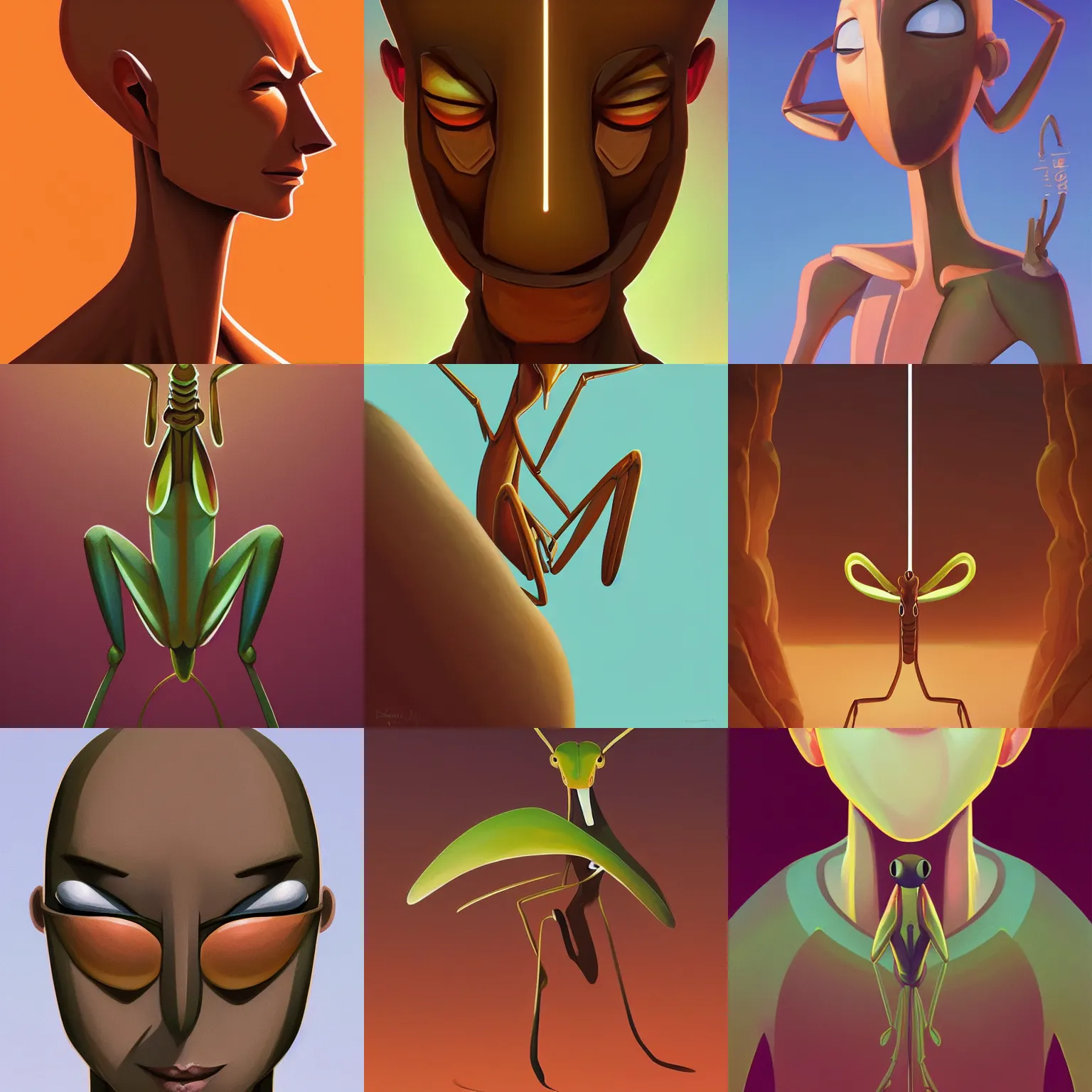 Prompt: anthropomorphic brown praying mantis, face icon stylized minimalist, triangular flat head, cory behance hd by jesper ejsing, by rhads, makoto shinkai and lois van baarle, ilya kuvshinov, rossdraws global illumination