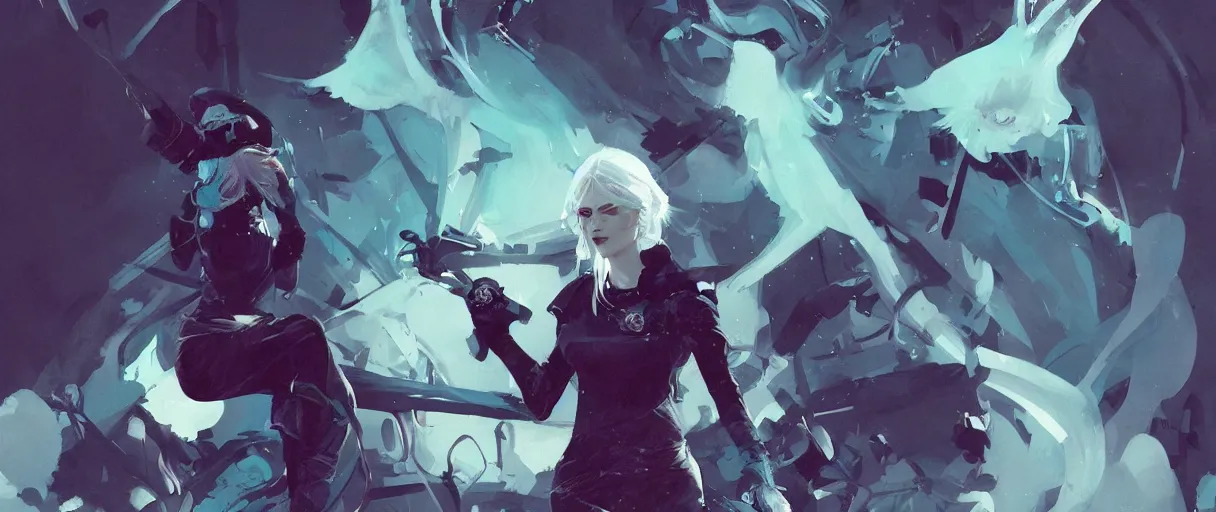 Image similar to a duochrome black and teal background comic noir illustration painting of ciri of cintra with white hair by sachin teng and sergey kolesov and ruan jia and heng z. graffiti art, scifi, fantasy, hyper detailed. octane render. concept art. trending on artstation