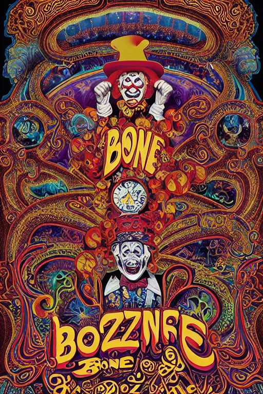 Image similar to Flowing lettering that says The Bozone, Fillmore concert poster for The Bozone by Robert Crumb, by Victor Moscoso, by Laurie Lipton, black light velvet poster, intricate paisley filigree, Bozo the clown. Clown motif, Shiny bulbous red clown nose at the center of an infinite fractal mandala tunnel of clowns, Unreal Engine, Cryengine, Artstation