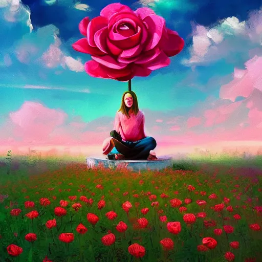 Image similar to giant rose flower head, girl sitting in a flower field, surreal photography, sunrise, dramatic light, impressionist painting, colorful clouds, digital painting, artstation, simon stalenhag