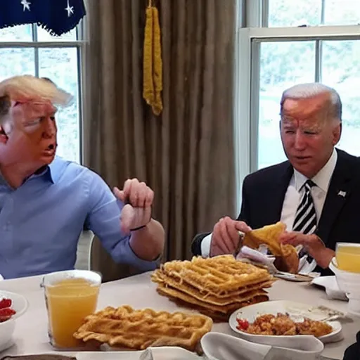 Image similar to photograph of trump and Biden sitting and eating breakfast at a Wafflehouse