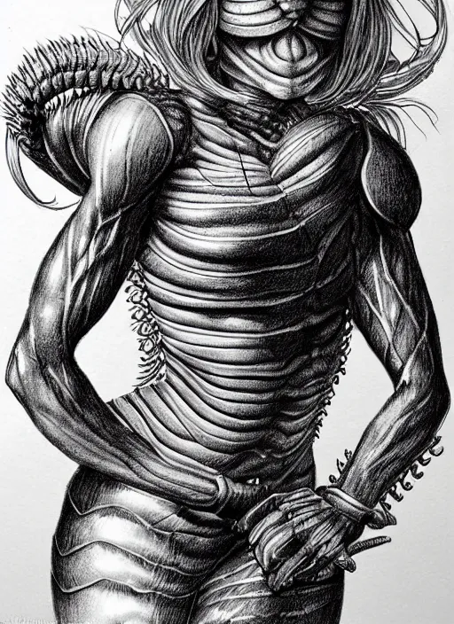 Image similar to line art pencil drawing of a scolopendra that turns into a woman, art by shinichi sakamoto and kentaro miura