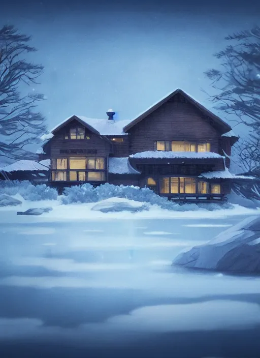 Image similar to a lake house in winter, trending on artstation, ghibli style, anime, concept art,