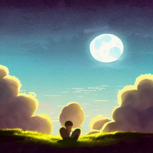 Image similar to a moon shining behind a cloudy night, cool color palette, matte painting in the style of studio ghibli