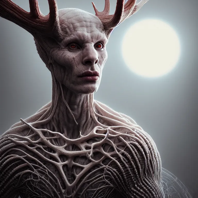Image similar to portrait of white alien man with ribbed body, covered with twisted ribbed crooked antlers in wastelands on white exoplanet, baroque portrait painting, beautiful intricate insanely detailed octane render, artstation, 8 k artistic photography, photorealistic, volumetric perfect light, chiaroscuro, raphael, caravaggio, beksinski, rutkowski, giger