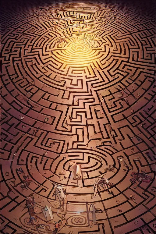 Prompt: one way perspective labyrinth that looks like a boardgame spell scroll art by Moebius and artgerm and greg rutkowski and Craig Mullins, James Jean, Andrey Ryabovichev, Mark Simonetti and Peter Morbacher 16k