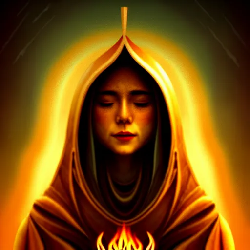 Prompt: ( a priestess with a hood that covers half her face carries an incense burner that emits a pleasantly colored flame. ) by anato finnstark, photorealistic, full body portrait, dynamic lighting, beautiful, trending on artstation, wallpaper, 4 k, award winning, digital art, golden hues, dream background