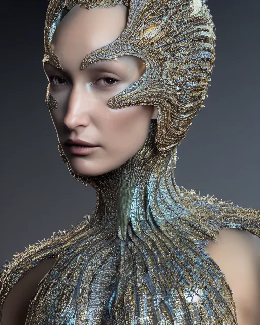 Image similar to a highly detailed metahuman 4 k close up render of an alien goddess bella hadid as alien in iris van herpen dress schiaparelli in diamonds crystals swarovski and jewelry iridescent in style of alphonse mucha gustav klimt trending on artstation made in unreal engine 4