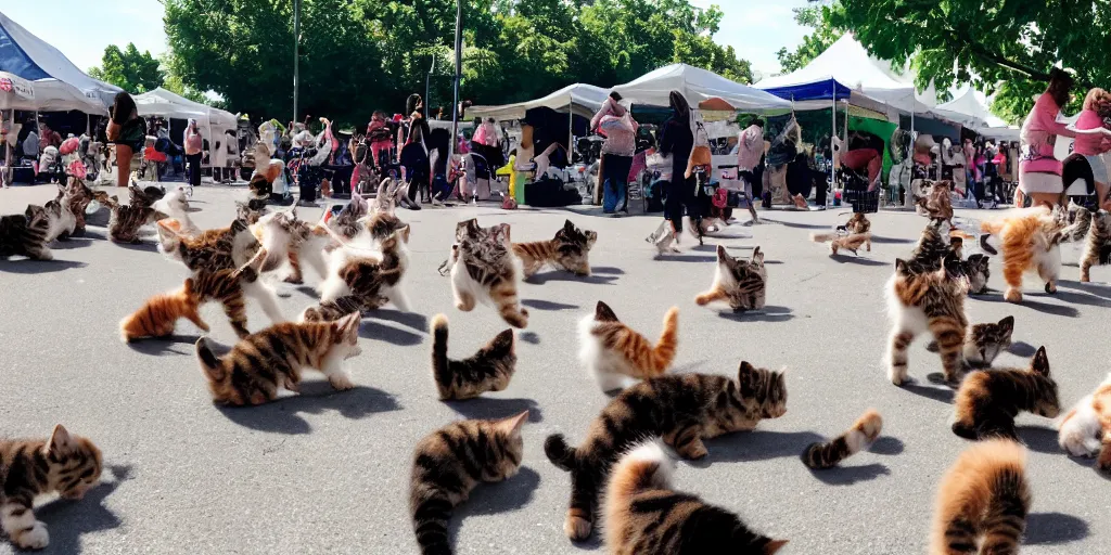 Prompt: clear photo, wide and clear, a stampede of cute kittens attacks everyone at the local sunday morning farmers market, kittens active everywhere, kittens jumping and running, people screaming in terror, funny and odd