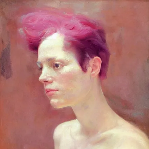 Image similar to A stunning masterful portrait of a striking cryptopunk woman with short pink hair and high cheek bones by Andrew Wyeth, John Singer Sargent, and Norman Rockwell, natural light, oil painting, ethereal, earth tones, strong brushwork