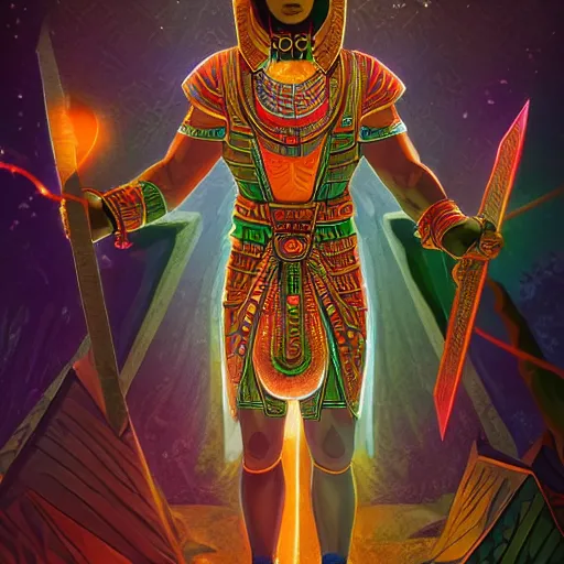 Image similar to osiris the god standing before a pyramid, d & d style, trending on artstation, colorful, intricate, art by kev chan