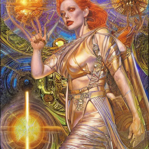 Image similar to the goddess of science, by donato giancola.