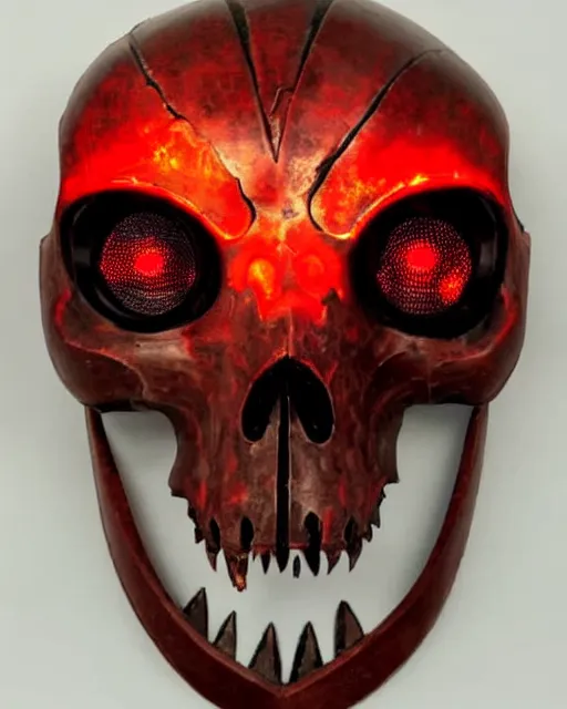 Image similar to medieval helmet in the shape of a demon skull with glowing red eyes,