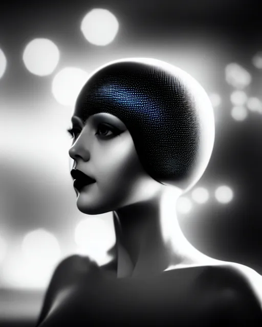 Image similar to black and white dreamy young beautiful female artificial intelligence, metropolis, cinematic, rim light, bokeh, photo - realistic, elegant, high detail, 8 k, masterpiece, photo taken in 1 9 3 0