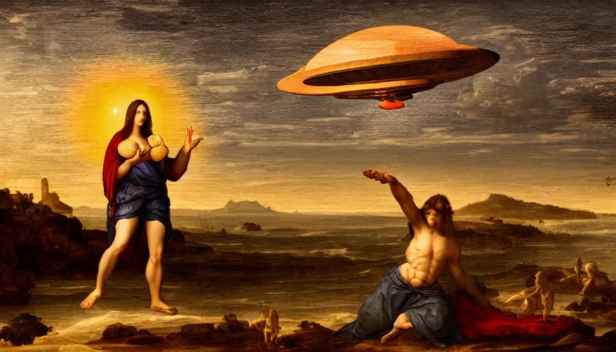 Prompt: drake holding an ufo by da vinci, digital art, classical painting, sharp focus, sunset beach, 4 k, restored